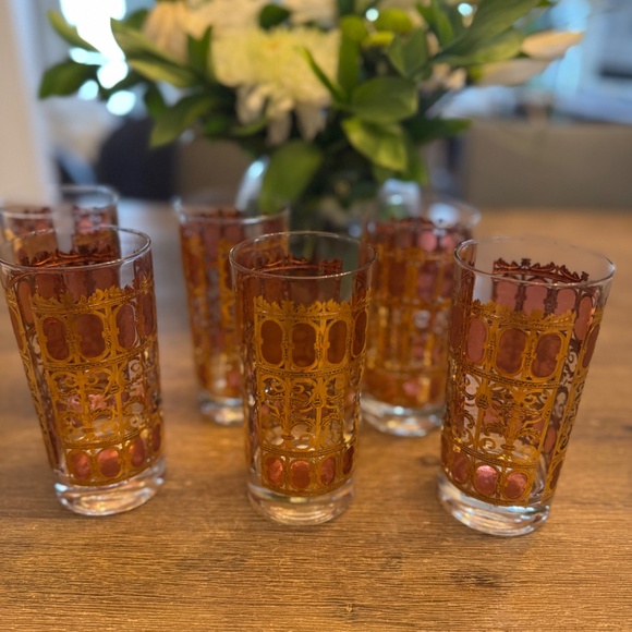 Stunning Vtg Mid-Century Fired Enamel Gold & Translucent Red Highball Glass (6) - Picture 1 of 7